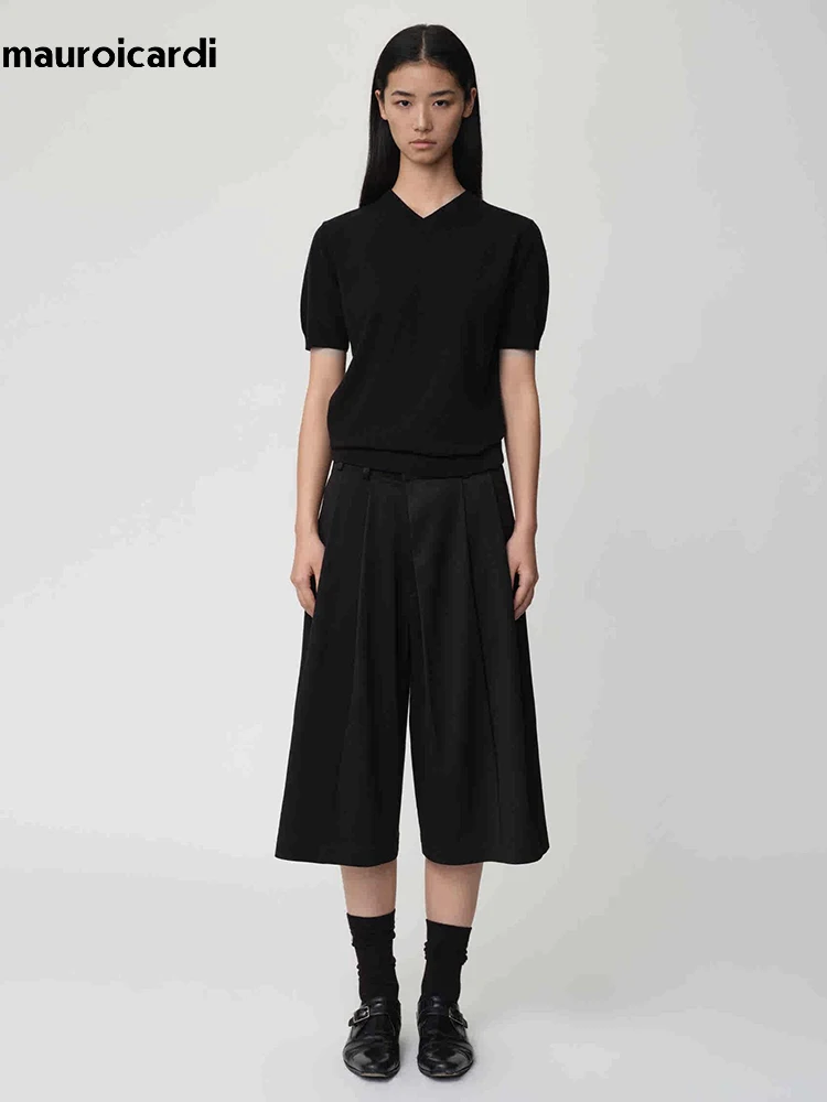 Mauroicardi Spring Summer Loose Casual Soft Black Shorts for Men High Waist Calf Length Straight Pants Luxury Chic Clothes 2026