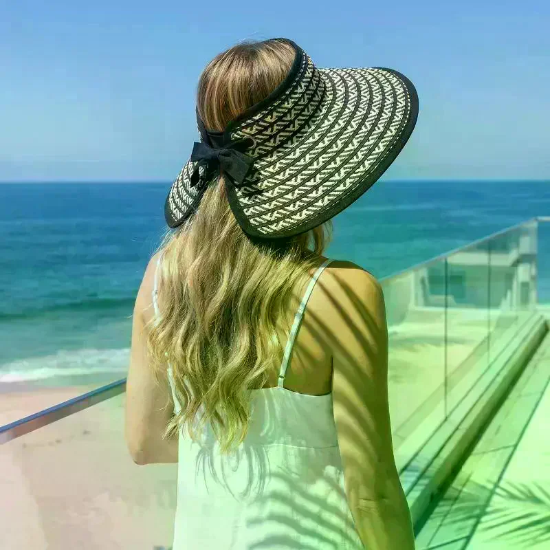 Women's Wide Brim Empty Top Straw Sun Visor Cap Summer UV Protection Foldable Casual Beach Travel Hat