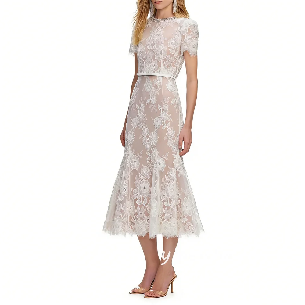 Customized Fashion Casual Lace Sash Rhinestone Pleat Ruched Mermaid High Collar Tea Length Evening Dresses for Woman Formal image 3