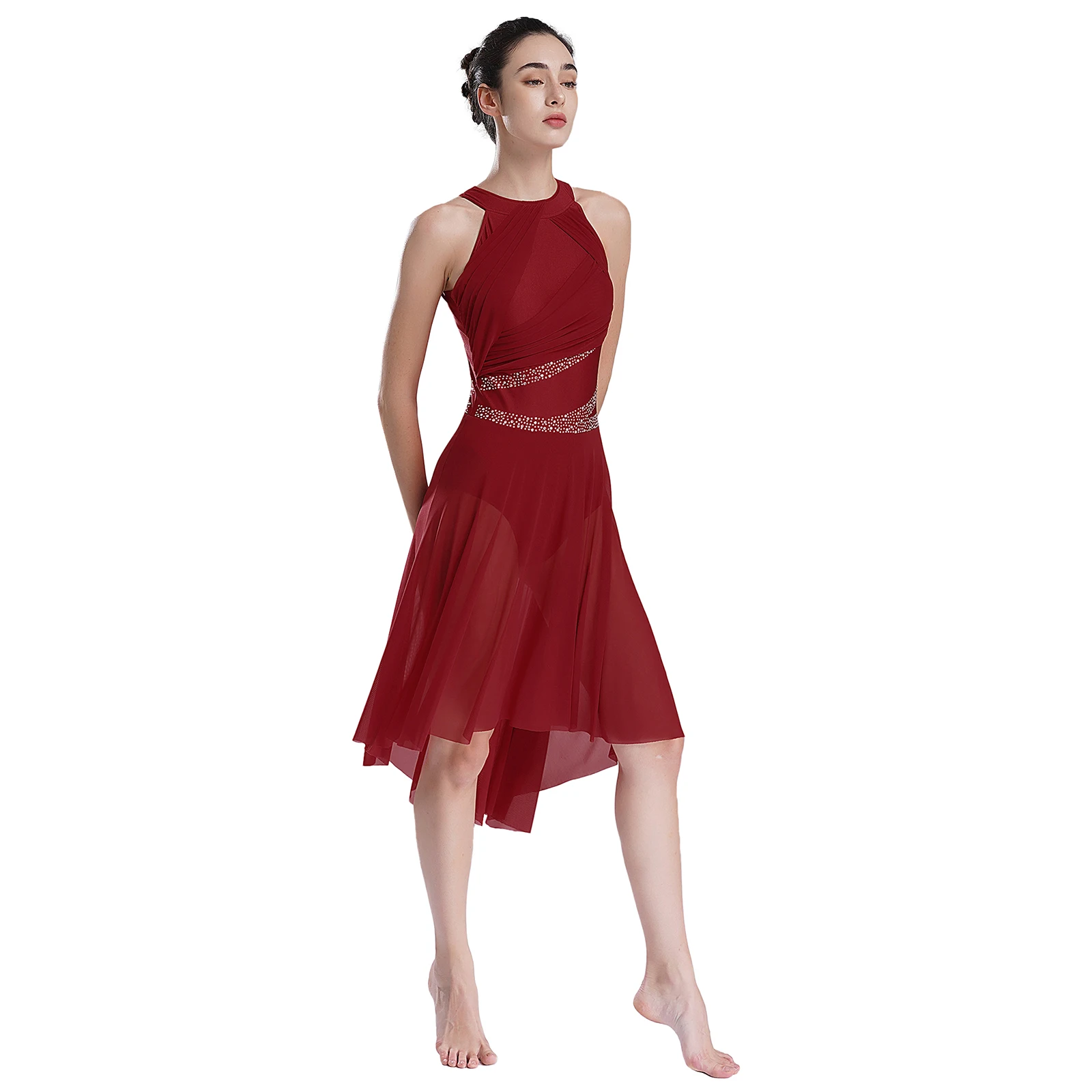 Women Modern Lyrical Dance Dress Sleeveless Asymmetrical Hem Ruched Leotard Dress Latin Jazz Tango Ballet Contemporary Dancewear