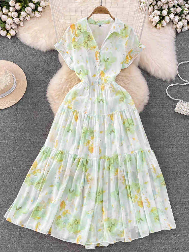 

Summer Floral Long Dress Women French Retro Countryside Short Sleeved turn-down Collar Waist Cinched A-line Chiffon Dress C175