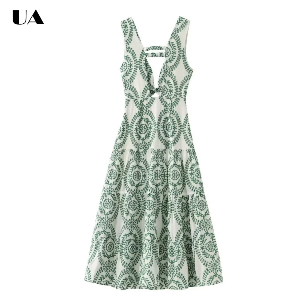 

Fashionable Printed A-line Hollow Out Midi Dress, Trendy Tied Backless Long Dresses for Women, Vacation Style Sleeveless Dress