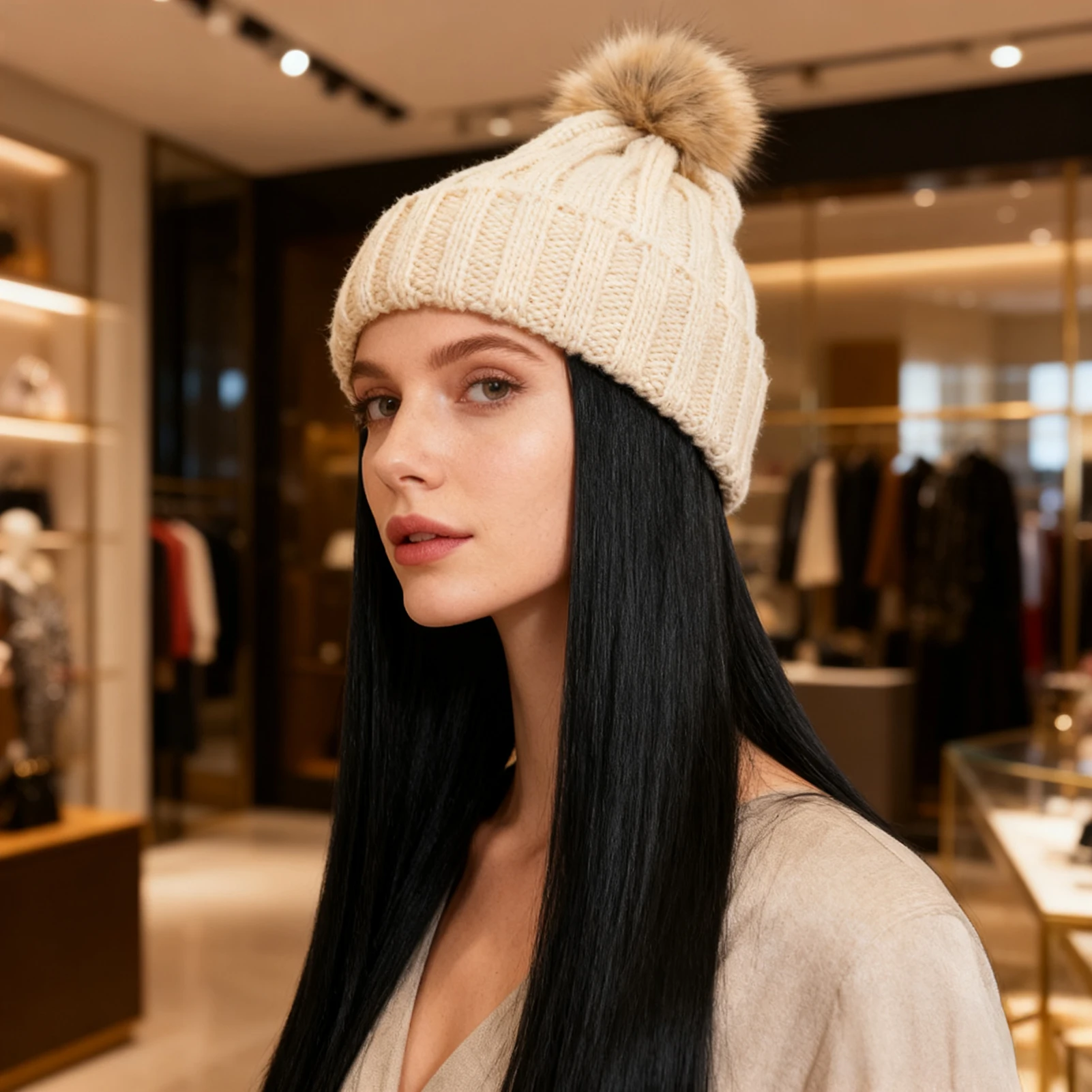 Women's Winter Warm Long Straight Hair Wig Cap Knit Hat with Realistic Black Synthetic Fiber Hair for Cold Weather