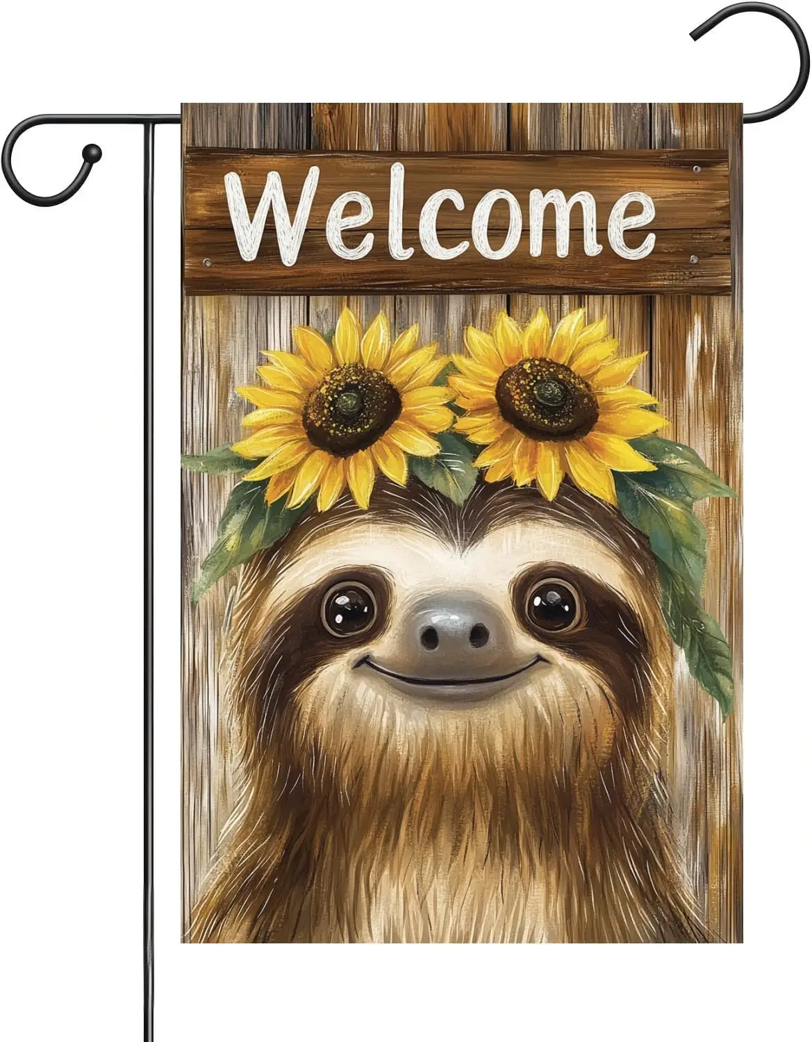 Sloth wearing Sunflower on its head Garden Flag 12x18 Inch Double Sided, Small Burlap wooden boards Spring Summer Seasonal Y MMZ