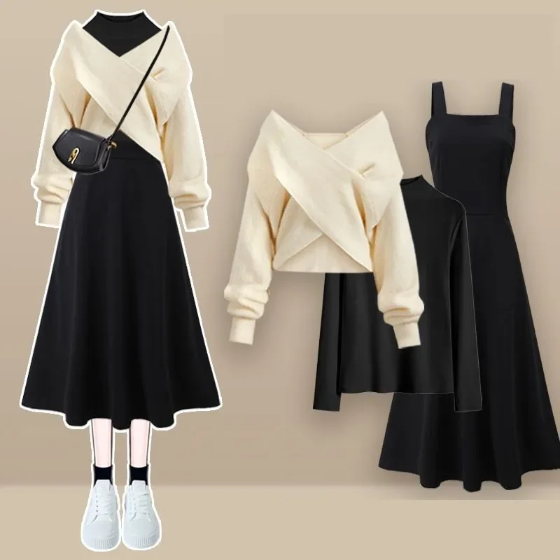 

2025 Autumn/Winter New Elegant Matching Set Women's Fashion Cross Knit Sweater+Bottom Shirt+Strap Dress Three Piece Suit ZL911