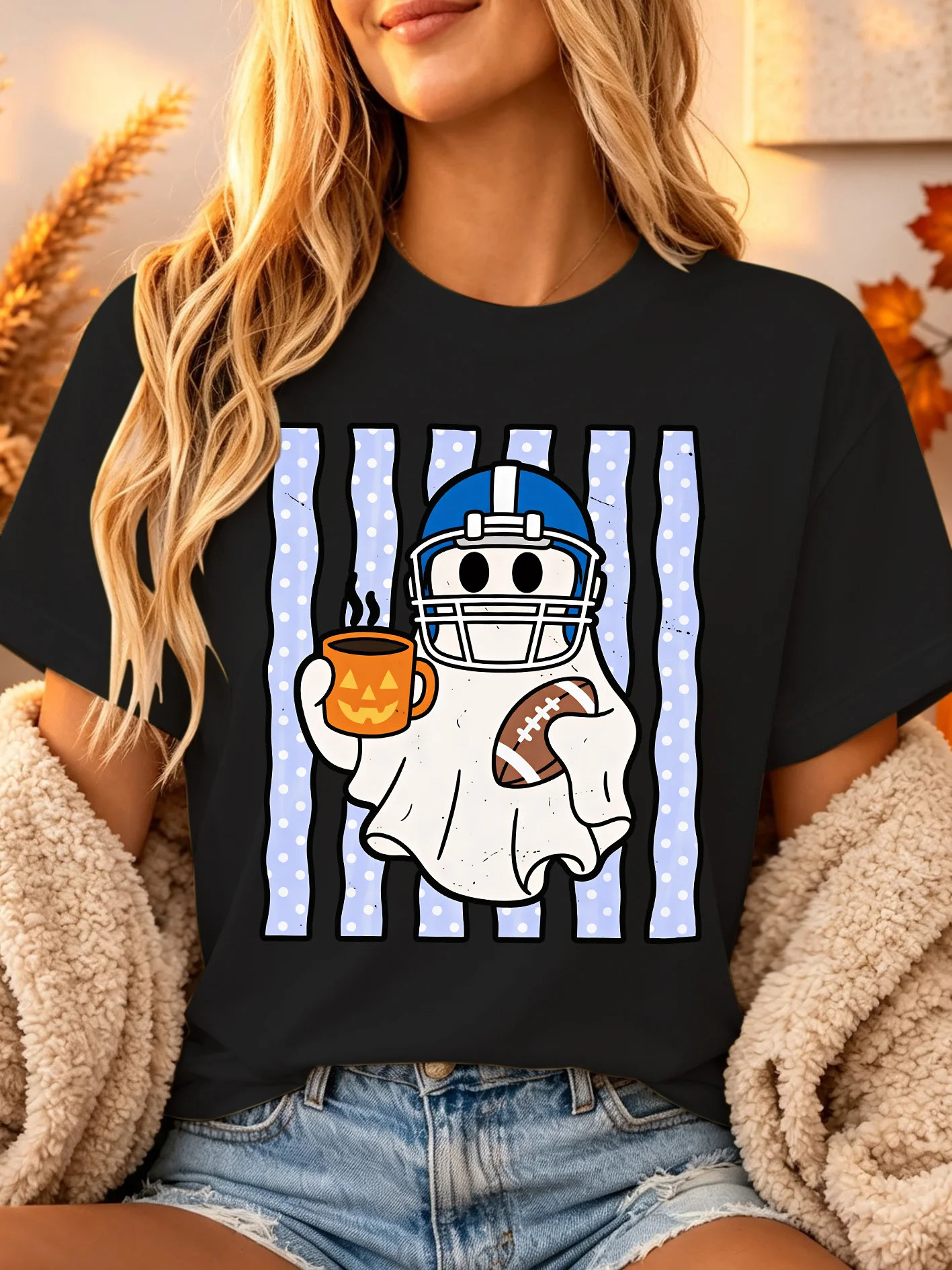 Halloween Ghost Football Helmet Coffee Cup Womens Crew Neck Short Sleeve T Shirt Polka Dot Stripe Casual Graphic Tees For Ladies