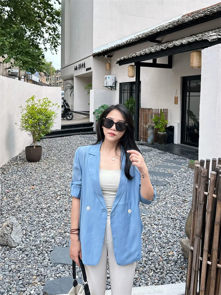 

Ele Old Money Sle Suiting Fabric Women's Long Sve Jaet Commute Friendly Straight Cut with Belt Detail