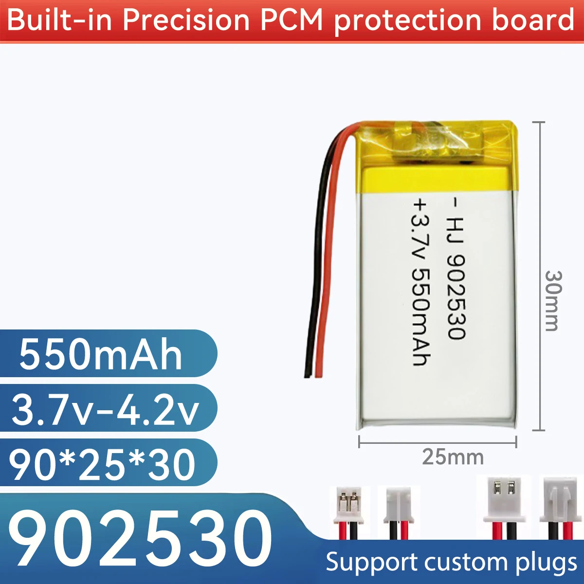 902530 3.7V 550mAh Li-ion Battery Lipo Batteries for 602530 502530 702530 802530 102530 with JST1.25mm PH2.0mm XH2.54mm-2p Plug