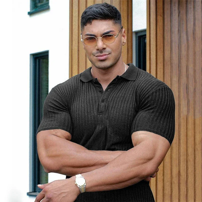 Running Polo Short Sleeve T Shirt Men Fitness Slim Fit Sports Strips T-shirt Fashion Tees Tops Summer Knitted Gym Clothing