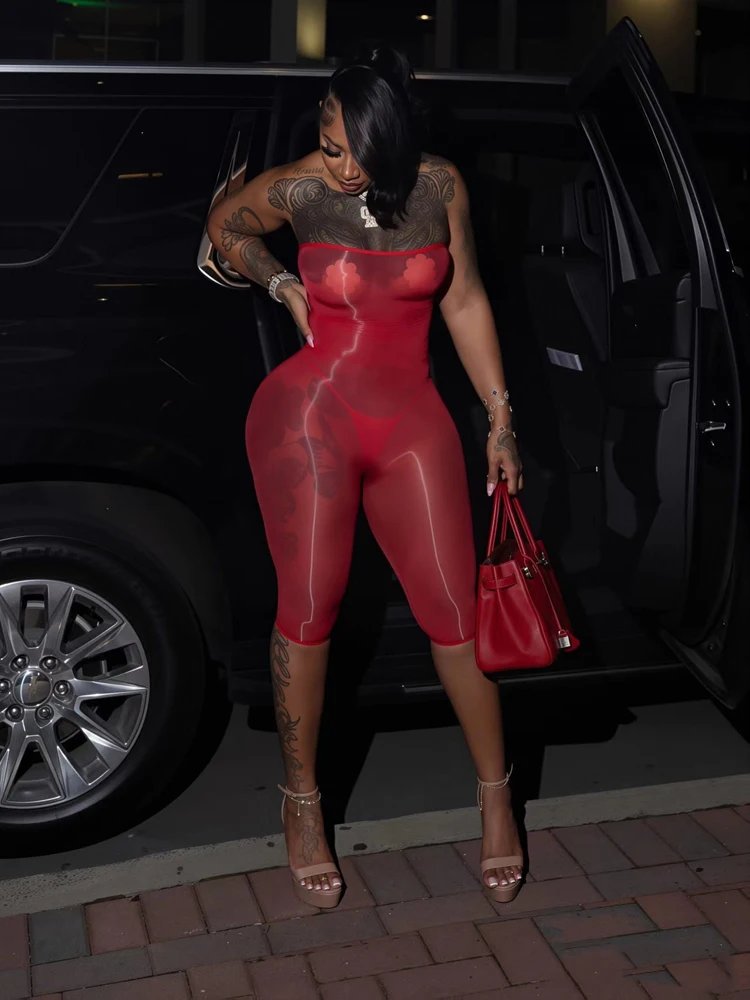 2026 Summer Hot Sale Women's See Through Off Shoulder Mesh Jumpsuits Backless Bodycon Capri Unitard Sexy Clubwear Playsuits