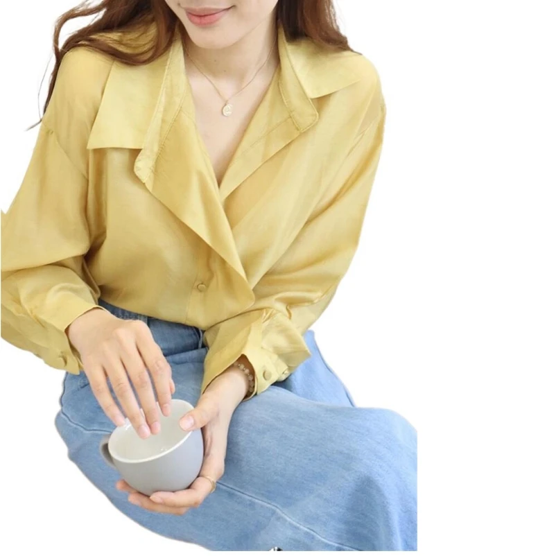 2024 New Spring Women Rayon Office Lady Smooth Lapel Wide Brimmed Shirts Temperament Simple Long Sleeve Thin Loose Tops Blouses