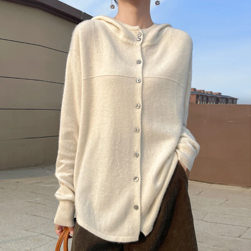 Fall/Winter 2024 new women\'s cardigan 100% pure wool solid color hooded collar cashmere fashion loose plus size sweater coat