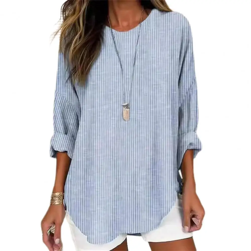 Women Top Vertical Striped Print Mid-length Shirt Stylish Women's Casual Top for Daily Wear with Loose Fit Long Sleeves Raglan