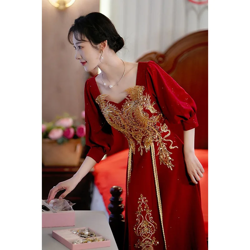 

plus Size Velvet Wedding Dr Conceals Belly for Bridesmaids Engagement Parties Banquets High Waist A-Line Skirt Deep V Ne