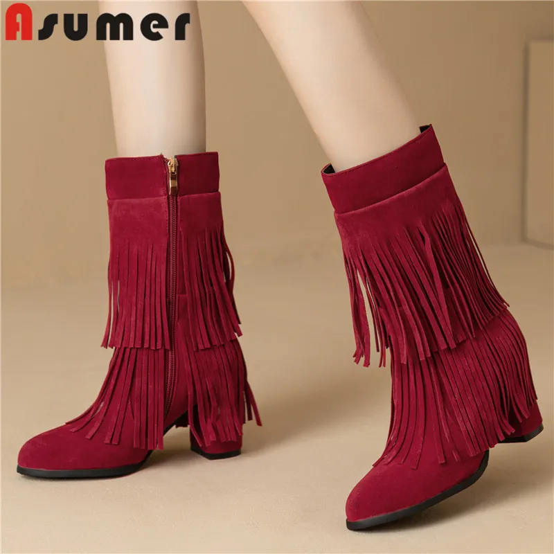 

ASUMER 2024 New Flock Fringe Zipper Boots Bohemian Ladies Round Toe Winter Boots Thick High Heels Mid Calf Boots