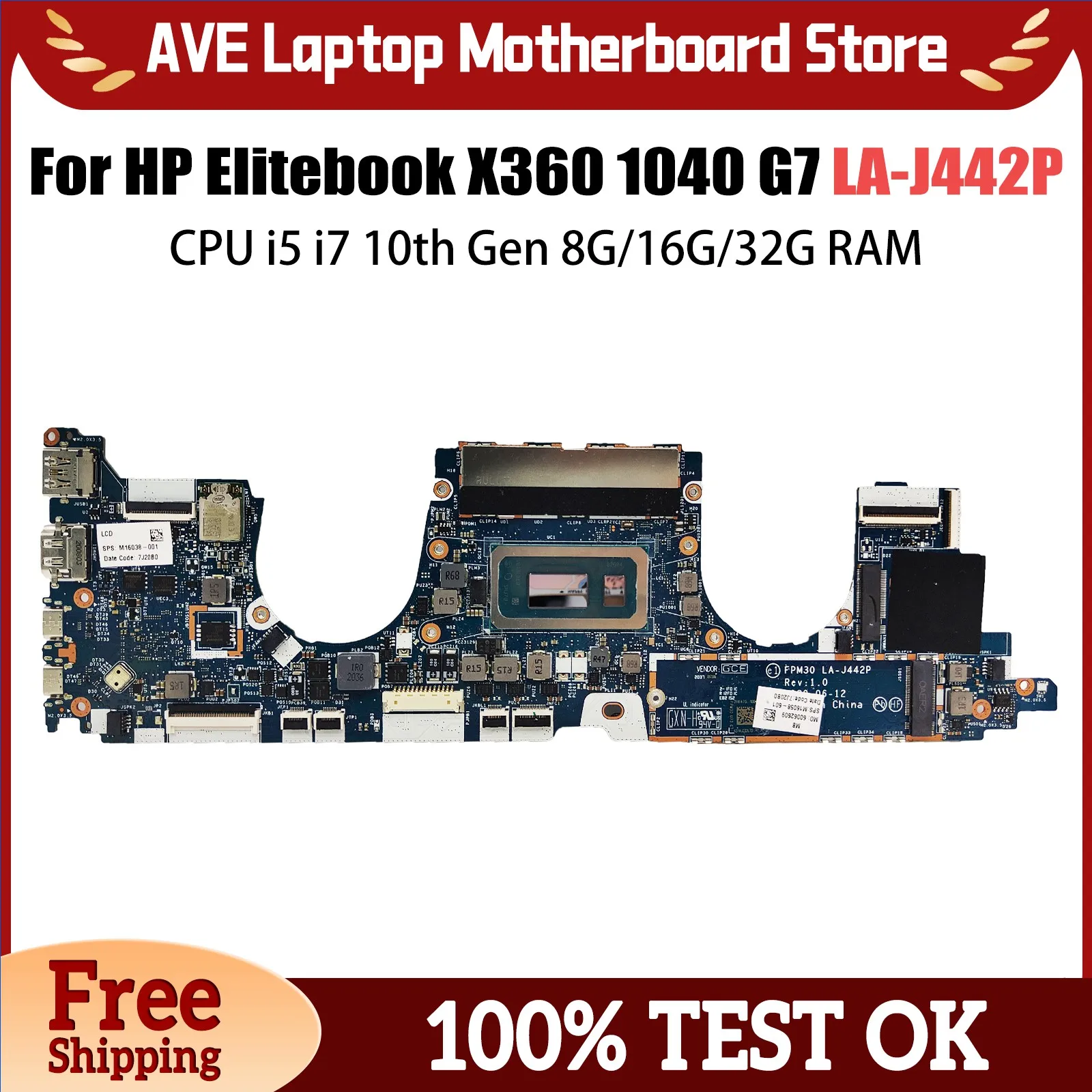 

LA-J442P Notebook Mainboard For HP Elitebook X360 1030 G7 Laptop Motherboard CPU i5 i7 10th 8G/16G/32G RAM M16069-001 M16069-601