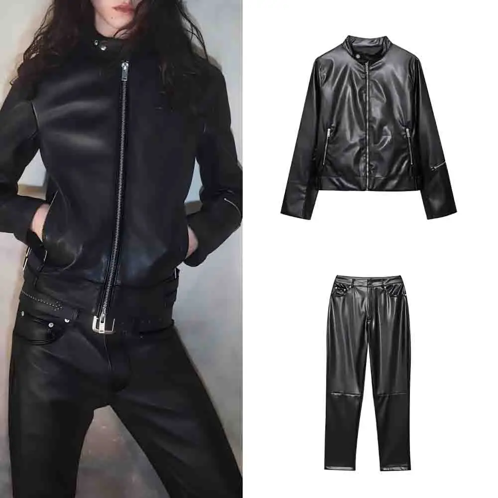 

Women's new fashion black stand collar imitation leather jacket coat retro long sleeved zipper women's coat chic top+Pants suit