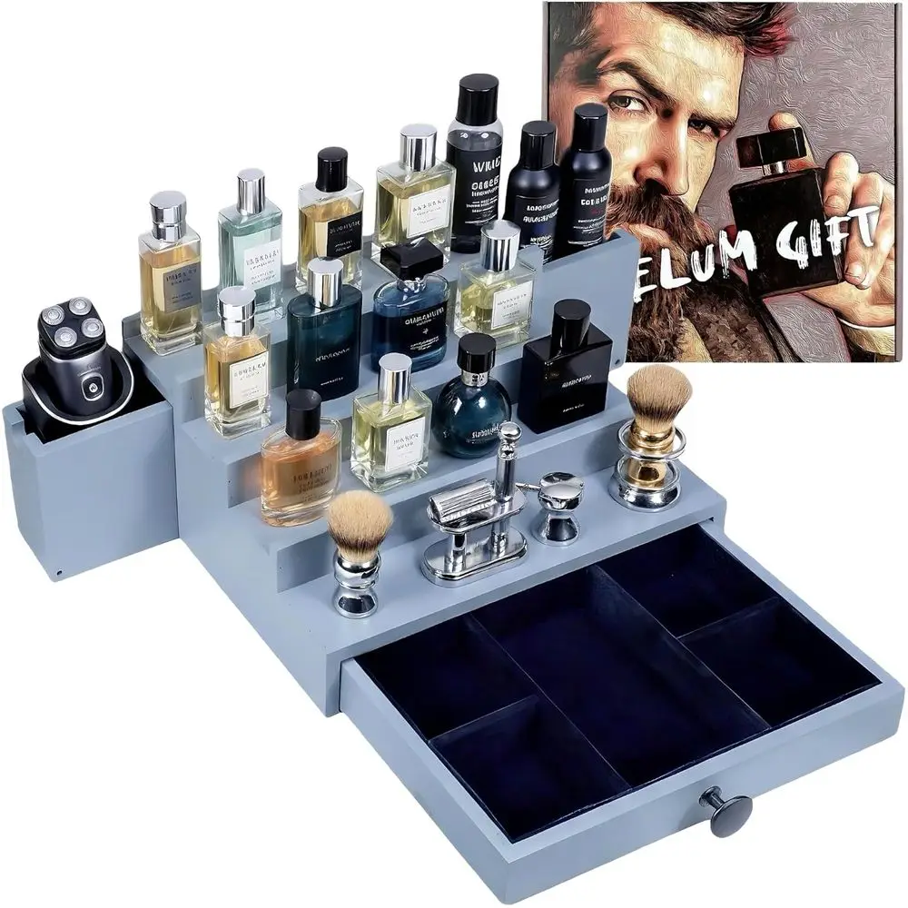 

Деревянный органайзер для мужских духов, 4 яруса, цвет «голубая серость», лимитированная серия | Высококачественная бархатная подкладка и стильная подарочная коробка | Одеколон Space Aid Ho