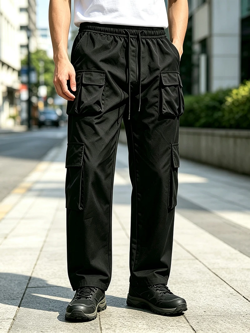 Herren-Cargohose mit mehreren Taschen, elastischem Bund und Kordelzug, locker geschnittene Hose mit geradem Bein, lässige Outdoor-Alltagshose für Frühling und Herbst – Detail 3