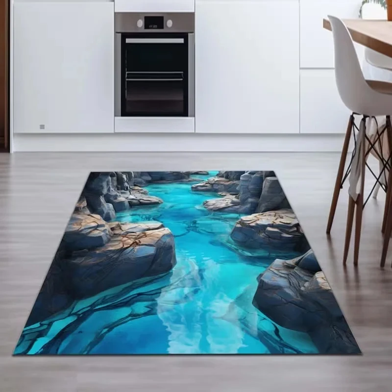 VIKAMA 3D Stereo Blue Crack Area Rug, Non-slip Soft Floor Mat Stylish Home Decor for Indoor Bedroom Living Room