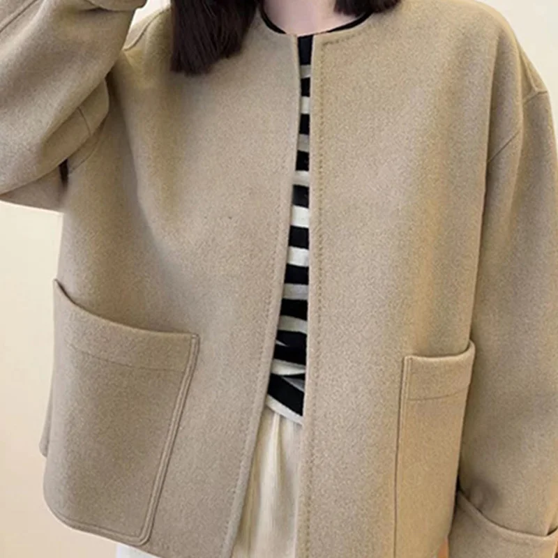 

2023 Htbt23 Autumn/winter New Cardigan Double Sided Wool Coat Simple Solid Short Wool Coat