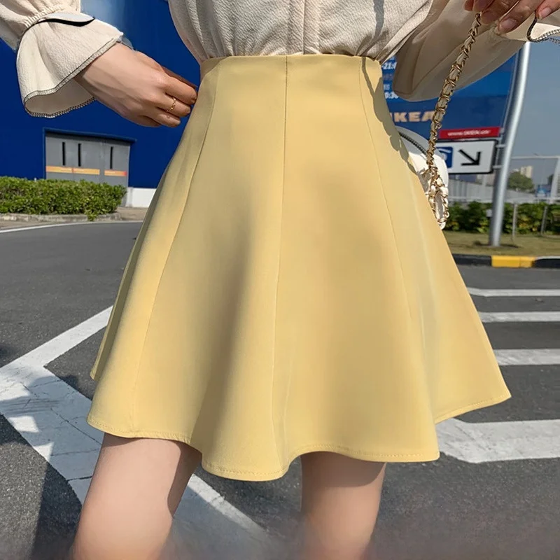 Summer Yellow High Waist A-Line  Skirt Women's Suiting Pleated Half Skirt Commute Korean Style Short Umbrella Skirt