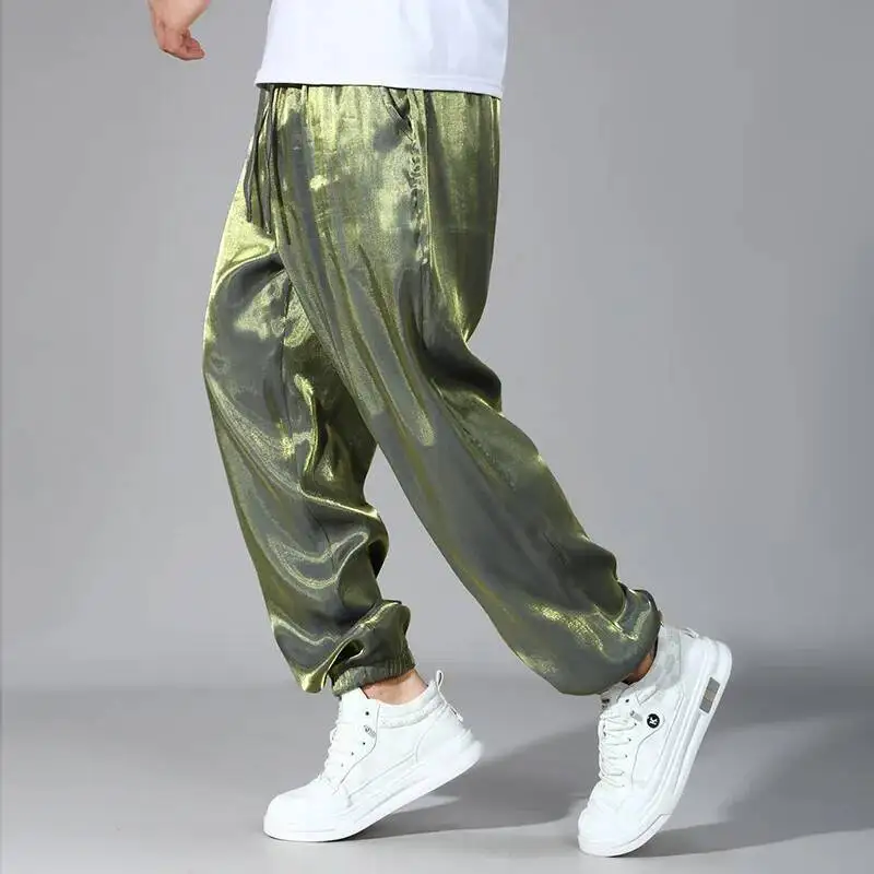 Summer Glossy Shiny Loose Trousers Plus Size Casual Ice Silk Men's Cuffed Pants