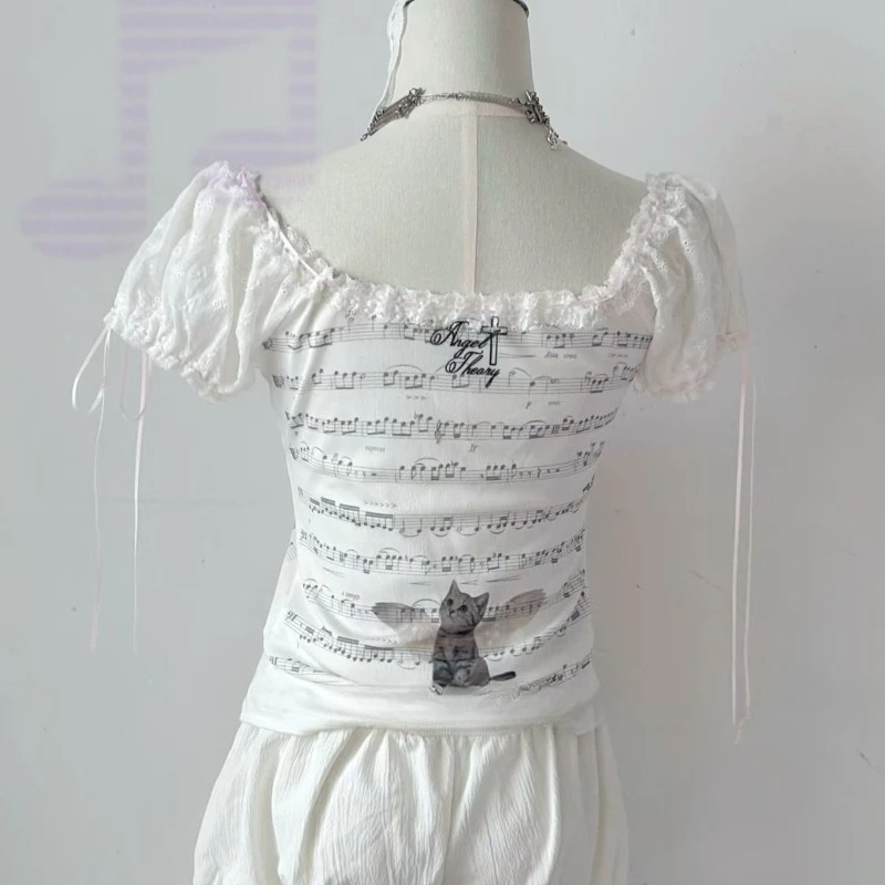 Americano retro y2k menina quente t camisa feminina doce bonito fino ajuste manga bolha recortado topos verão casual harajuku moda t novo