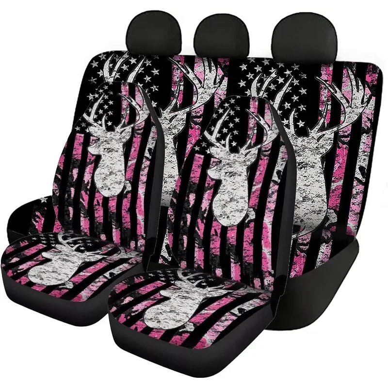 

Pink American Flag Camo Deer Hunting Car Front And Rear Covers Set Women Ladies Universal Auto Interior Accessories Set, Vehicle