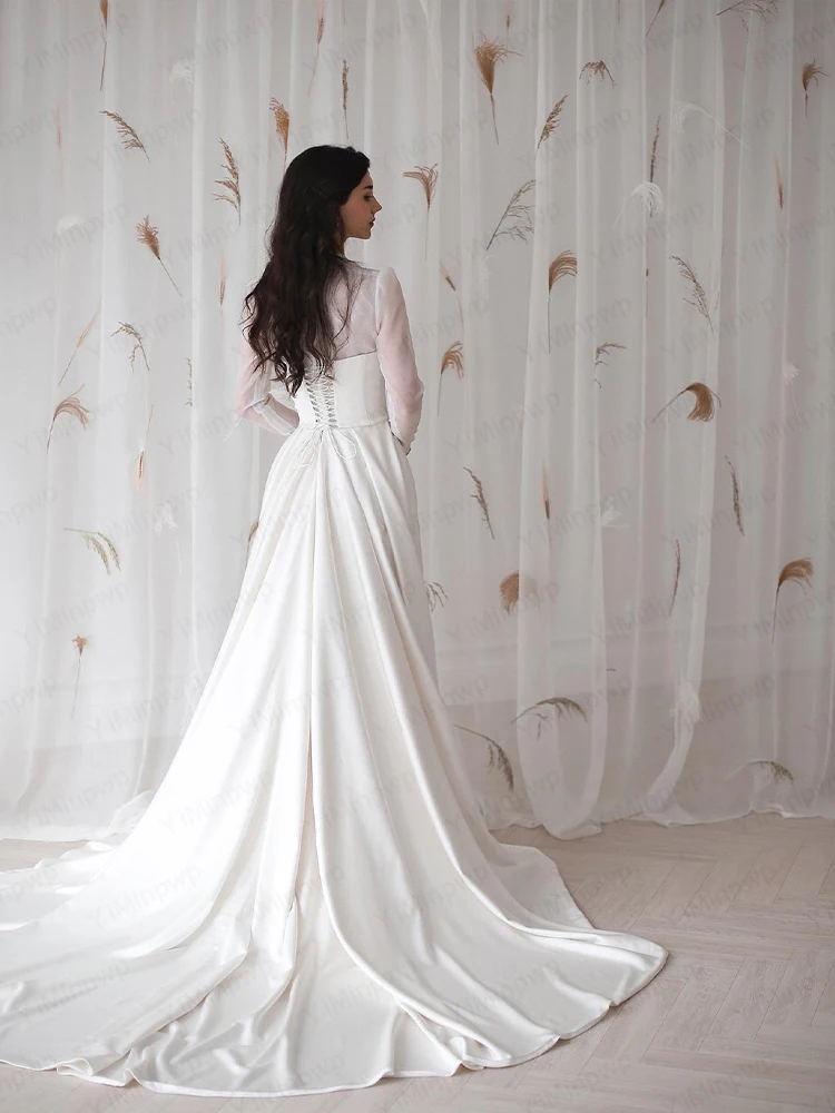 Elegante Brautkleider V-ausschnitt Langarm Meerjungfrau Braut Kleid Sweep Zug Arabisch Satin Brautkleid Angepasst vestidos de novia