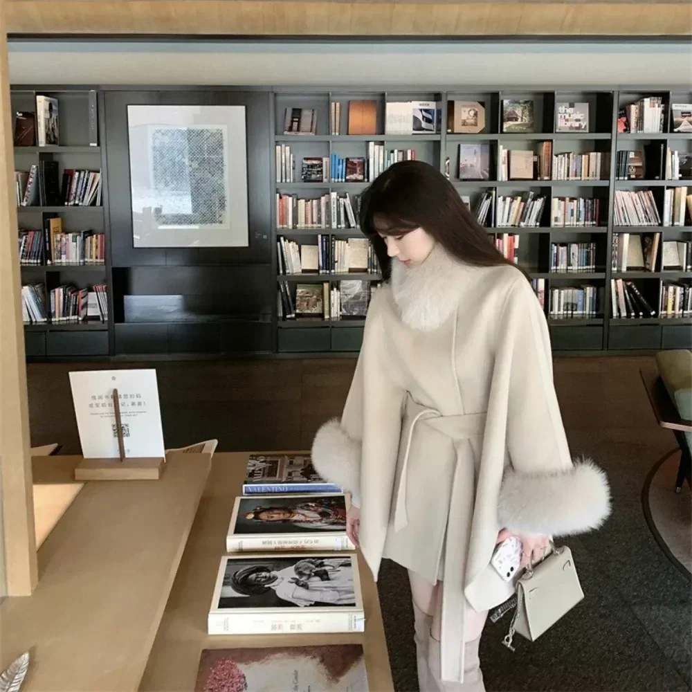 

2024 New Autumn Winter Cloak Wraps Bat Nine-quarter Sleeve Wool Coat Female Long Loose Belt Real Fox Fur Woolen Jacket Women