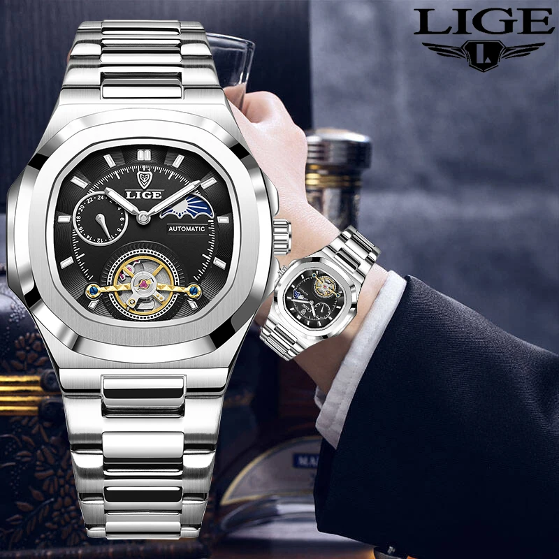 

2024 LIGE original men's watch mechanical watch stainless steel luminous waterproof watch for men with box relogios masculino