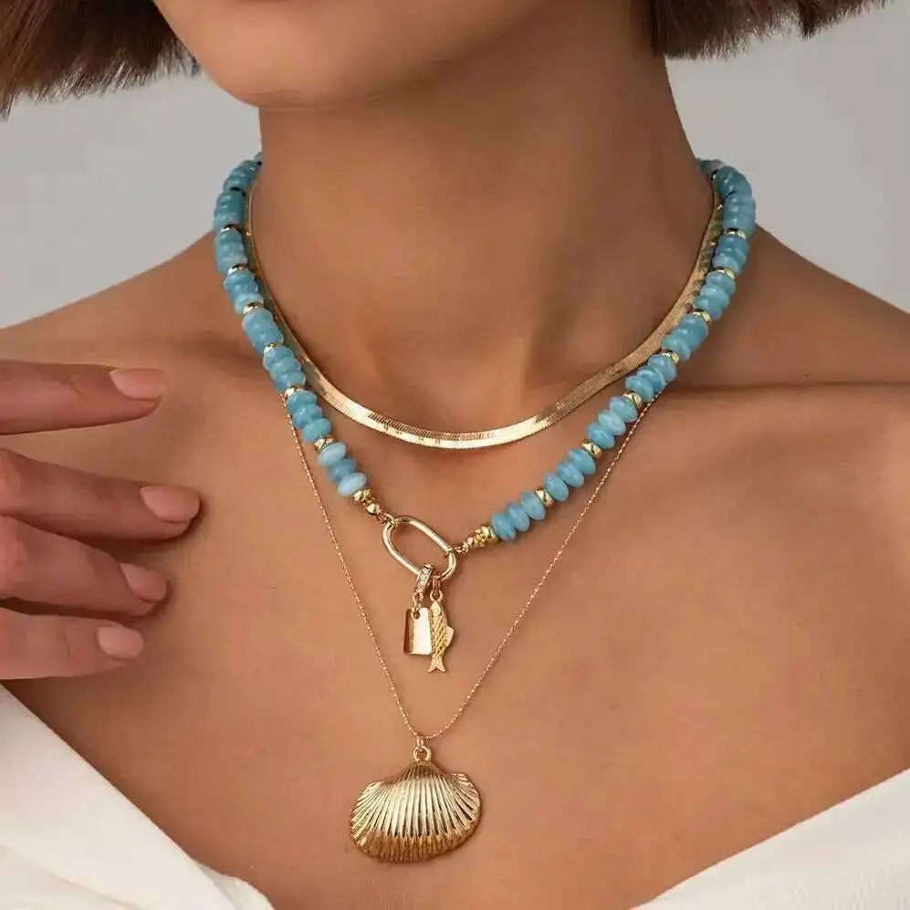 SHIXIN 3 Pcs/Set Boho Summer Metal Scallop Fish Pendant Necklace for Women Vintage Irregular Resin Beads Layered Choker Jewelry