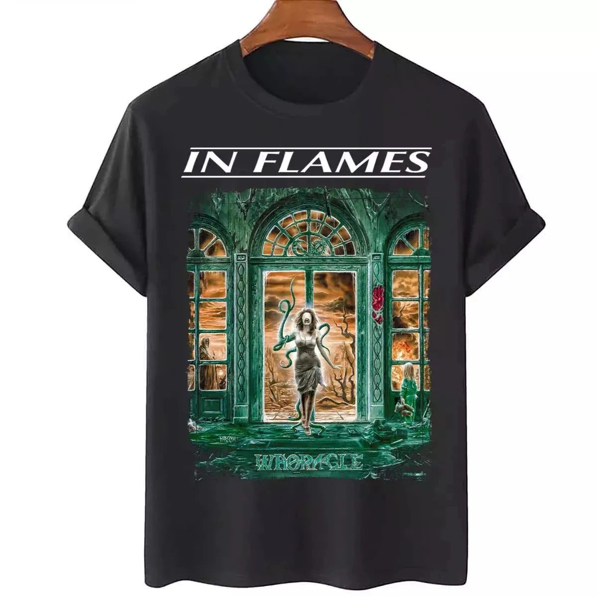 Summer Vintage in Flames Band Whoracle Heavy Cotton Black Cotton Black Men's T-Shirt Unisex Cotton Short Sleeve High Street Top