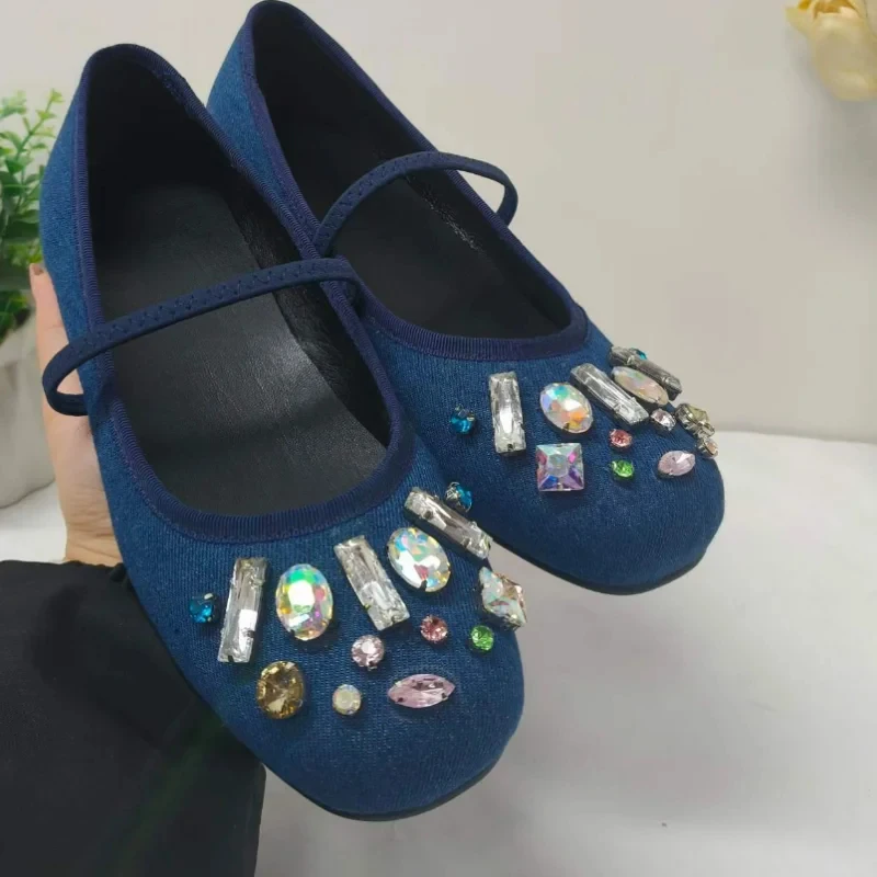 

Women's Colorful Crystal Ballet Flats Round Toe Shallow Front Strap Denim Casual Shoes