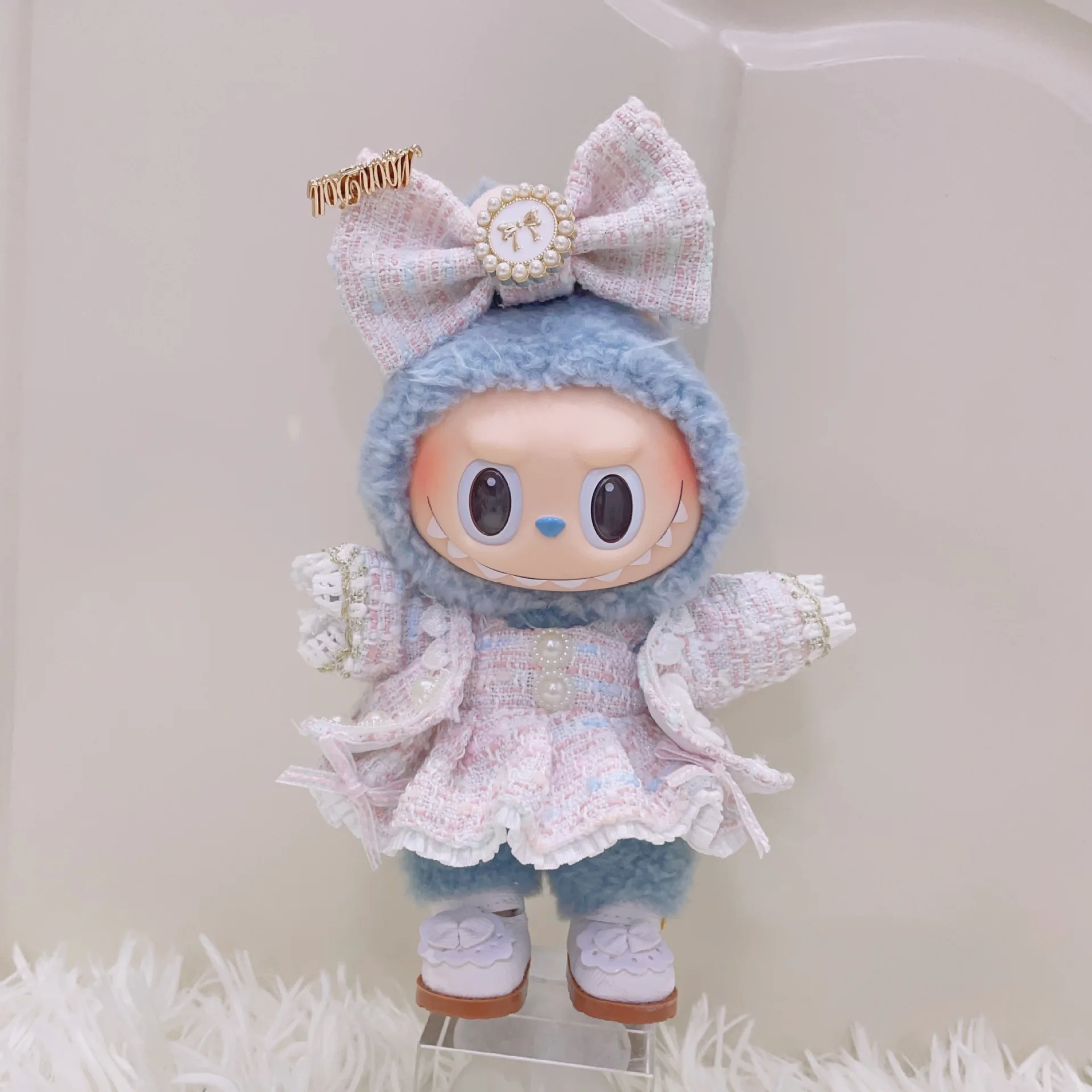 

Clothes For 1st - 3rd Gen 15/17cm Labubu Dolls Chic Tweed - style Outfits With Bow Adornments And Pearl Details