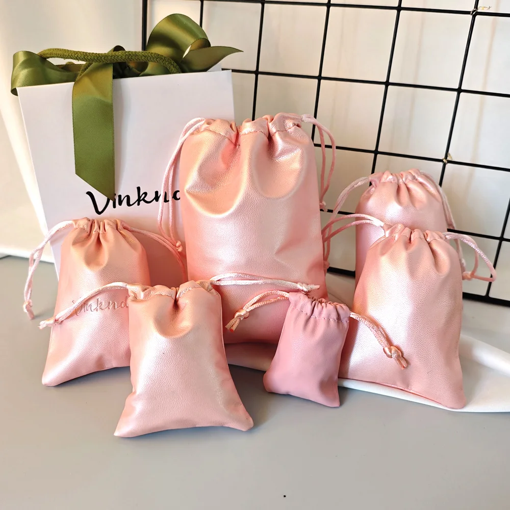

100Pcs Personalized Logo Jewelry Gift Packaging Bag PU Leather Drawstring Organizer Pouches For Perfume Lipstick Earrings Dust