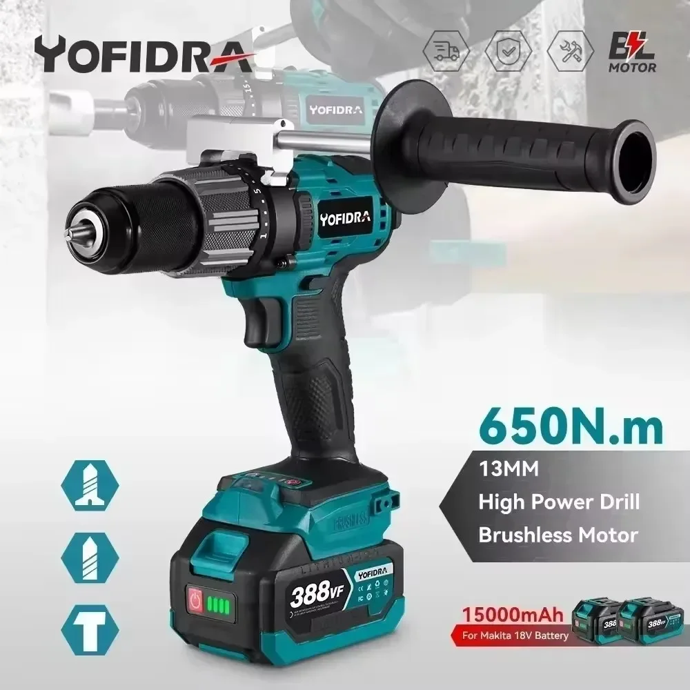 Yofidra 650NM 13MM Brushless Electric Drill 25+3 Torque Cordless Impact Drill Li-ion Electric Screwdriver For Makita 18V Battery