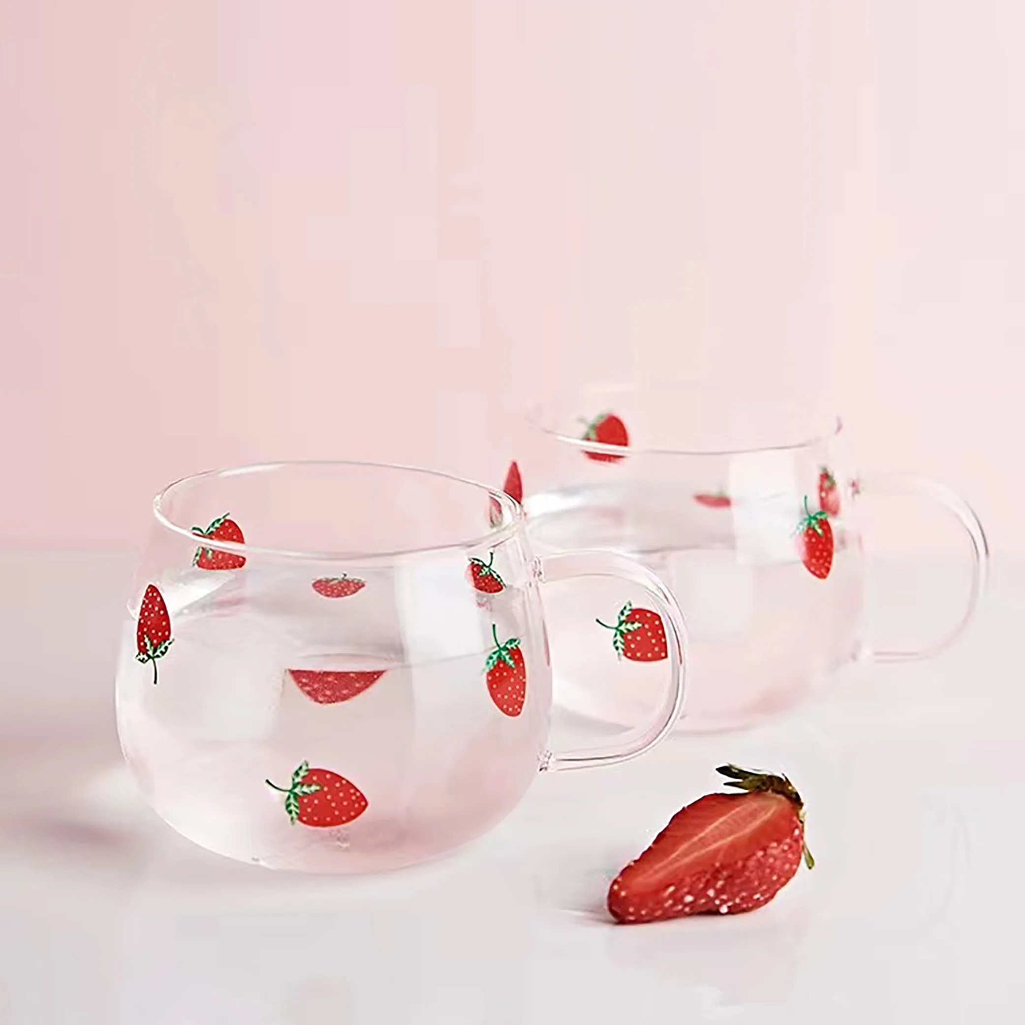 350ml Strawberry Drinking Glassjuice Mug Coffee Cup Clear Mugs With Handle Transparent Glass Oat Milk Cup Summer Drinkware