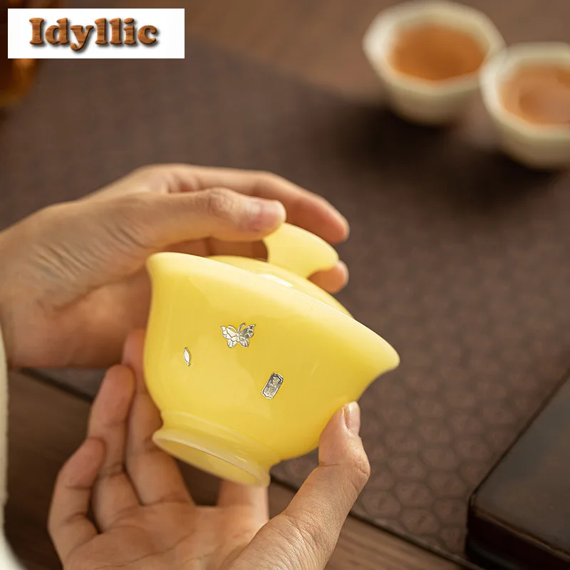 

120ml Jade Ice Porcelain Goose Yellow Cui Nail Gaiwan Handmade Tea Tureen Tea Bowl With Lid Kit Tea Maker Cover Bowl Tableware