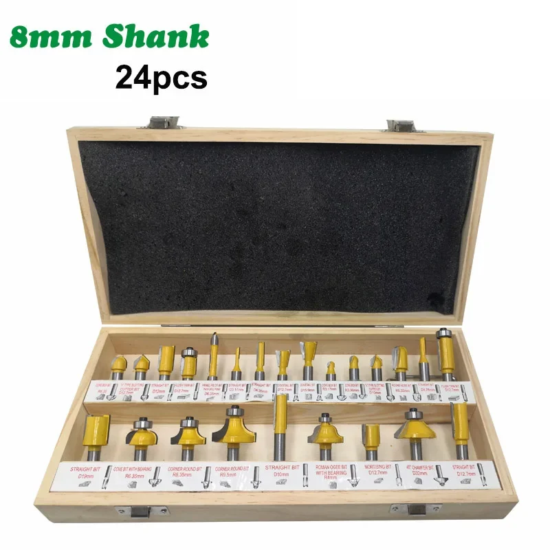 24PC/Set 8MM Shank Milling Cutter Wood Carving Woodworking Router Bits Set Wood Flush Straight Chamfer Trimming Engraving Tool