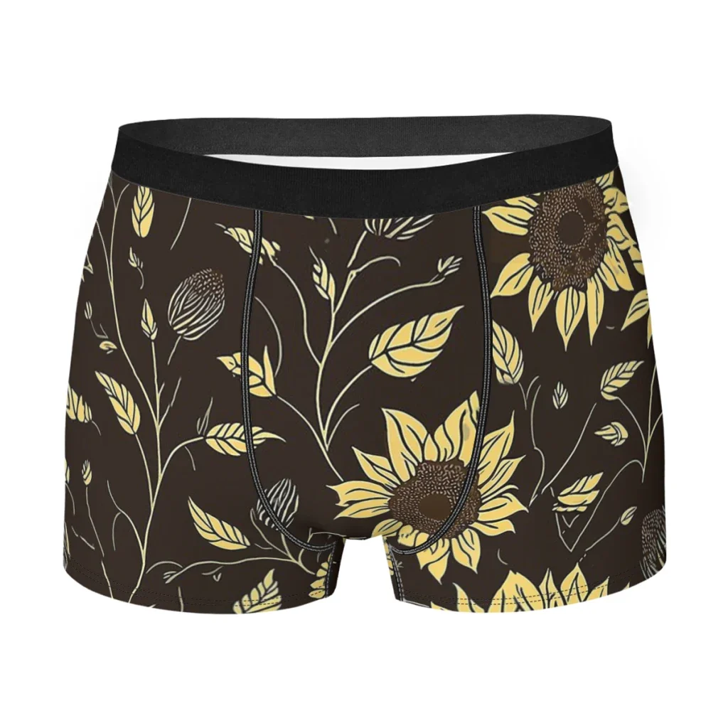 Boxer de girassóis dourados masculino, calção sexy, cueca boxer, cueca real e orgulhosa flor, altamente respirável, qualidade superior, marrom escuro