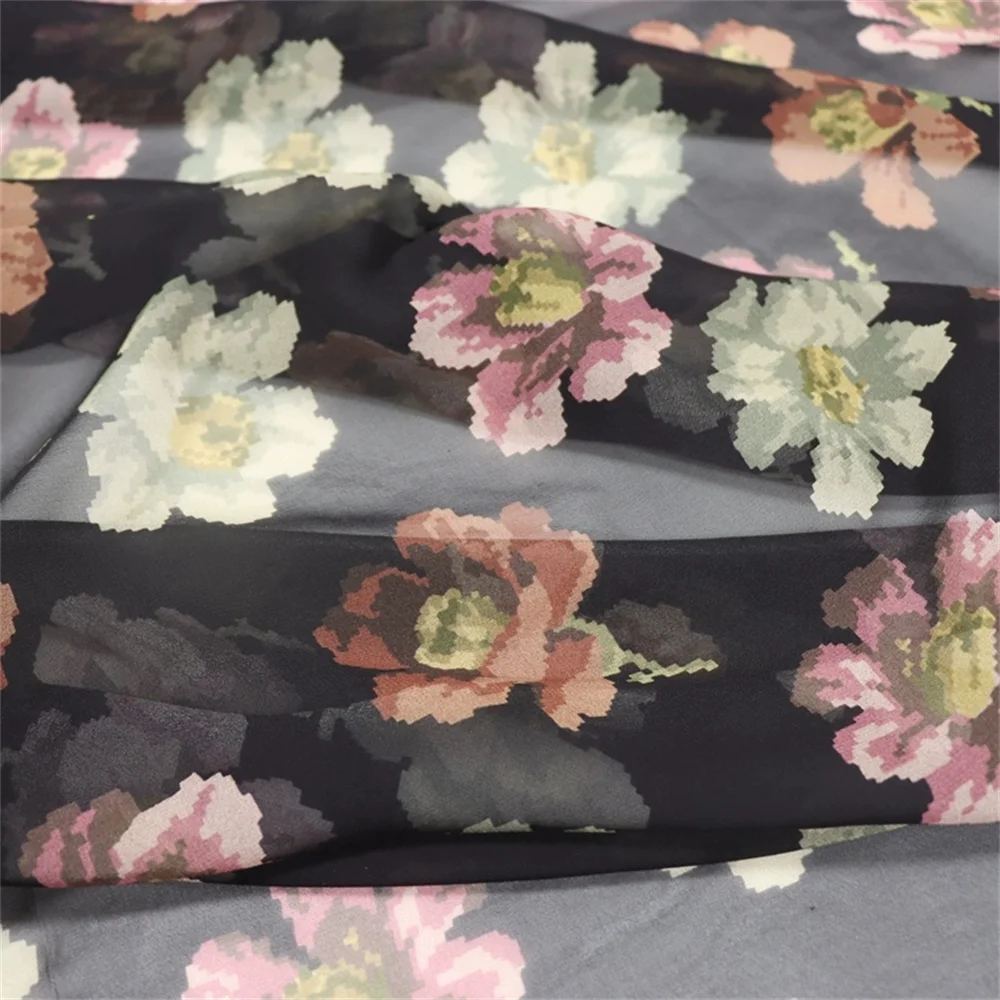 

Nice Quality Silk Georgette Fabric GGT Digital Printing Beautiful Flowers Black for Men Women Cloth Shirt Dress