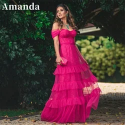 Amanda Fuchsia Tulle Gown A-line Multilayer Prom Dress 2023 Elegant Off Shoulder Party Dress Sweetheart فساتين مناسبة رسمية