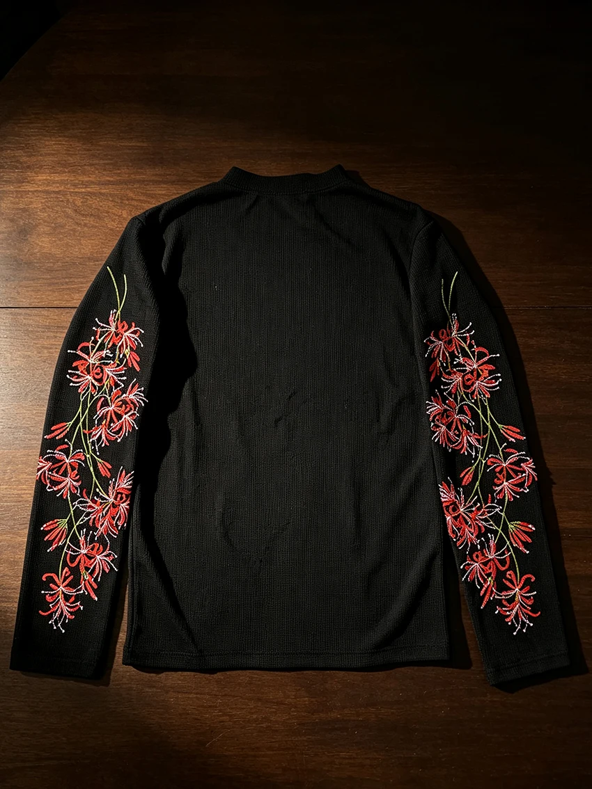 Dark Y2K Women Long-Sleeve Waffle Shirts Red Spider Lily Flower Sleeve Graphic Printed Crew Neck Grunge Casual Streetwear Blouse