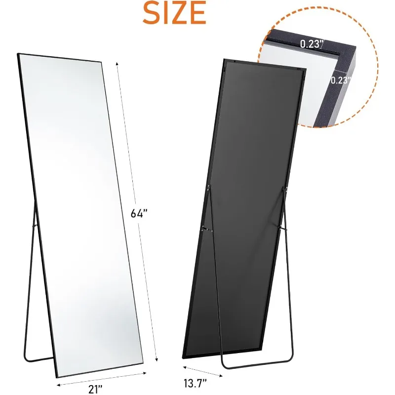 Full Length Mirror with Stand, Full Length Mirror for Bedroom, Cloakroom, Living Room, Aluminum Alloy Thin Frame, 64