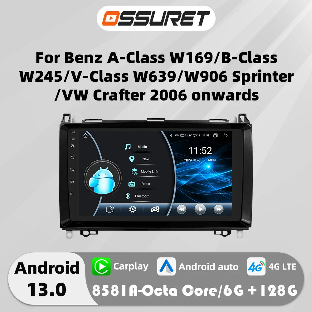 4G Carplay Android 13 Car radio For Mercedes Benz W169 W245 W639 A B V Class W906 Sprinter multimedia player GPS Stereo Screen