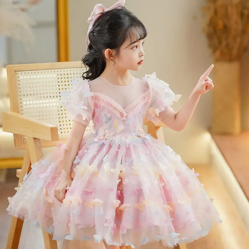 Children Clothes Girl Wedding Dress 2024 New Puff Sleeve Princess Banquet Dresses Birthday Evening Pink Ball Gown for Kids N28