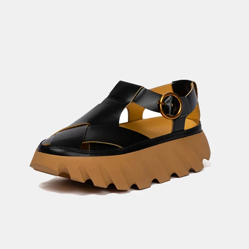 2026 Spring Summer Thick-Soled Closed-Toe Sandals for Women Cowhide Casual Outdoor Beach Shoes Platform Hollow Roman Shoes
