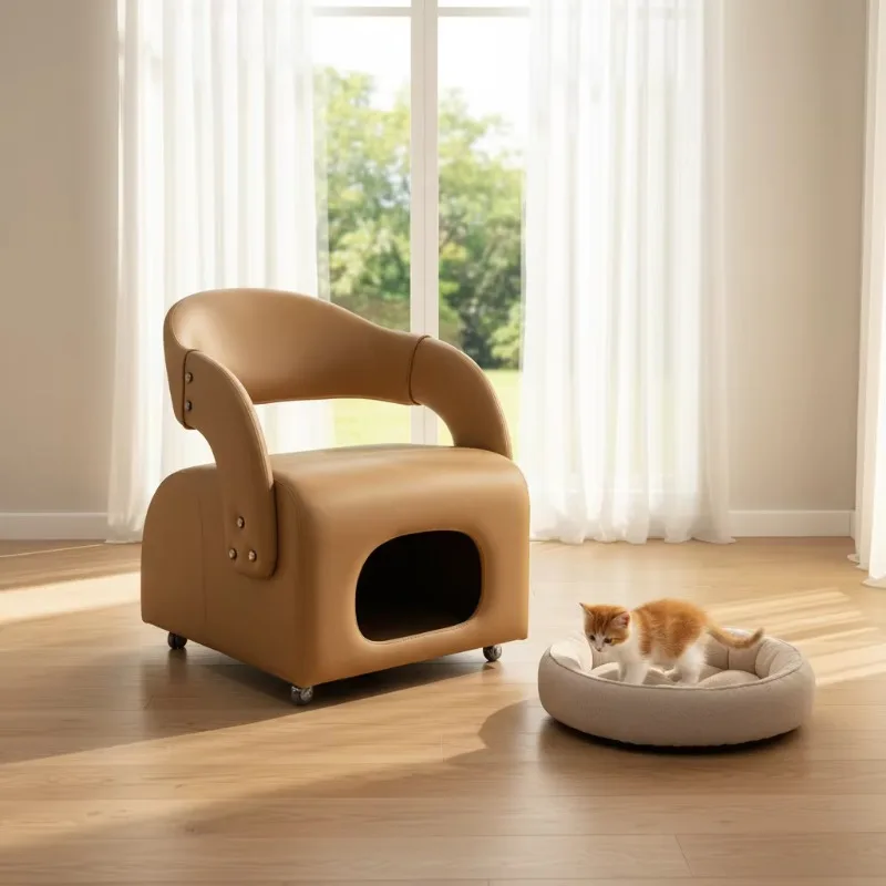 Leather cat litter lounge chair, easy-to-clean leather pet bed and sofa, furniture suitable for both humans and pets